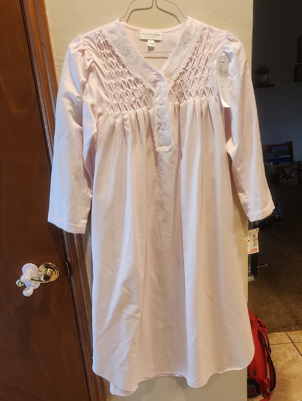 Miss Elaine Light Pink Smocked Long-Sleeve Nightgown